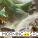 A party of adventurers faces a green dragon.